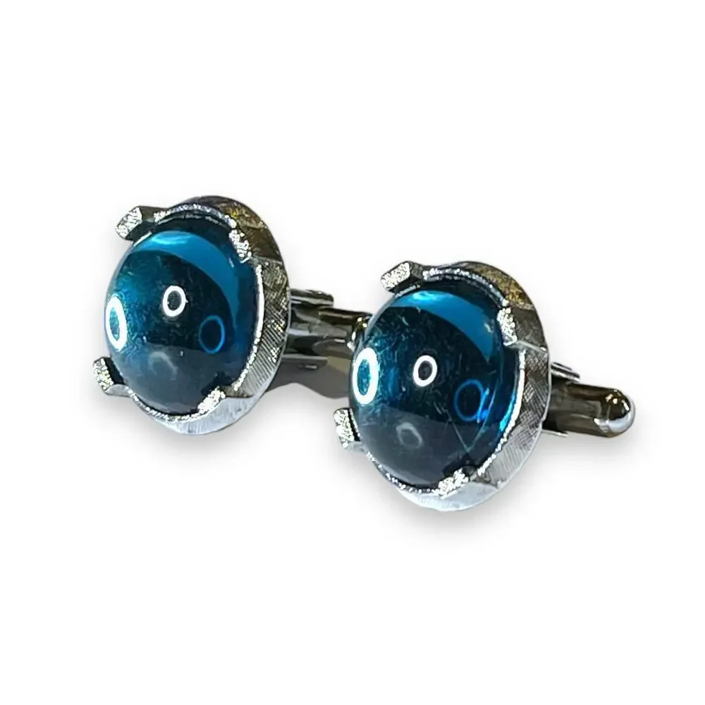 Vintage Blue Glass Cufflinks Mens Cabochons Silver Tone Locking